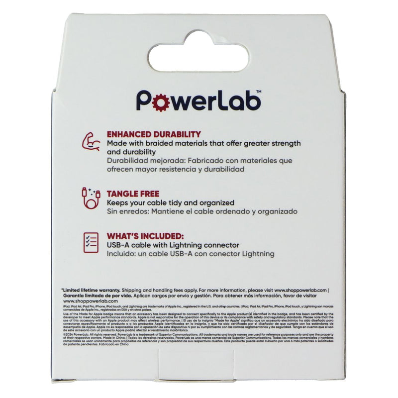 PowerLab 6FT USB-A to Lightning 8-Pin Braided Charge-Sync Cable - White