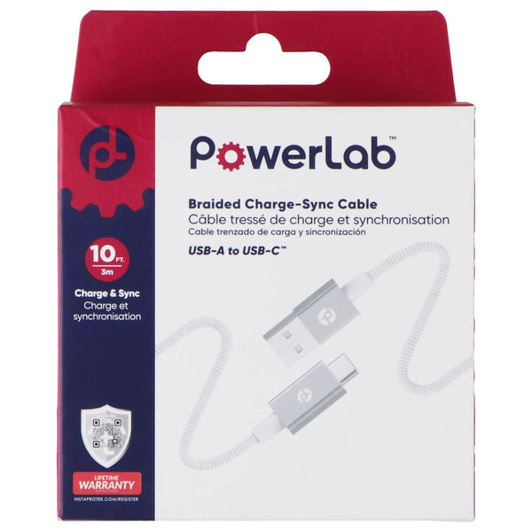 PowerLab 10-Ft Braided Charge-Sync USB-A to USB-C Cable - White/Silver