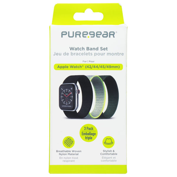 PureGear 3 Pack Nylon & Velcro Watch Band Set for Apple Watch (42/44/45/49mm)