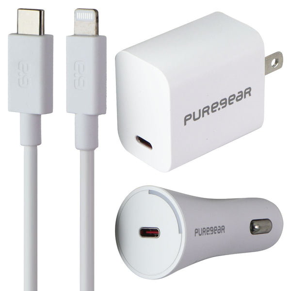 PureGear 20W USB-C Wall & Car Charger w/ USB-C to Lightning 8-Pin Cable - White