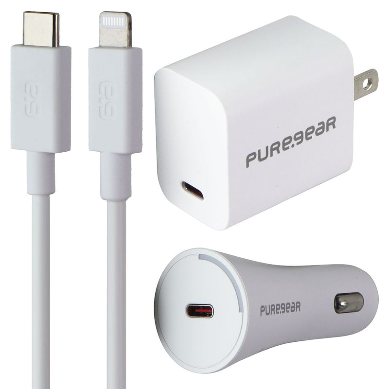 PureGear 20W USB-C Wall & Car Charger w/ USB-C to Lightning 8-Pin Cable - White