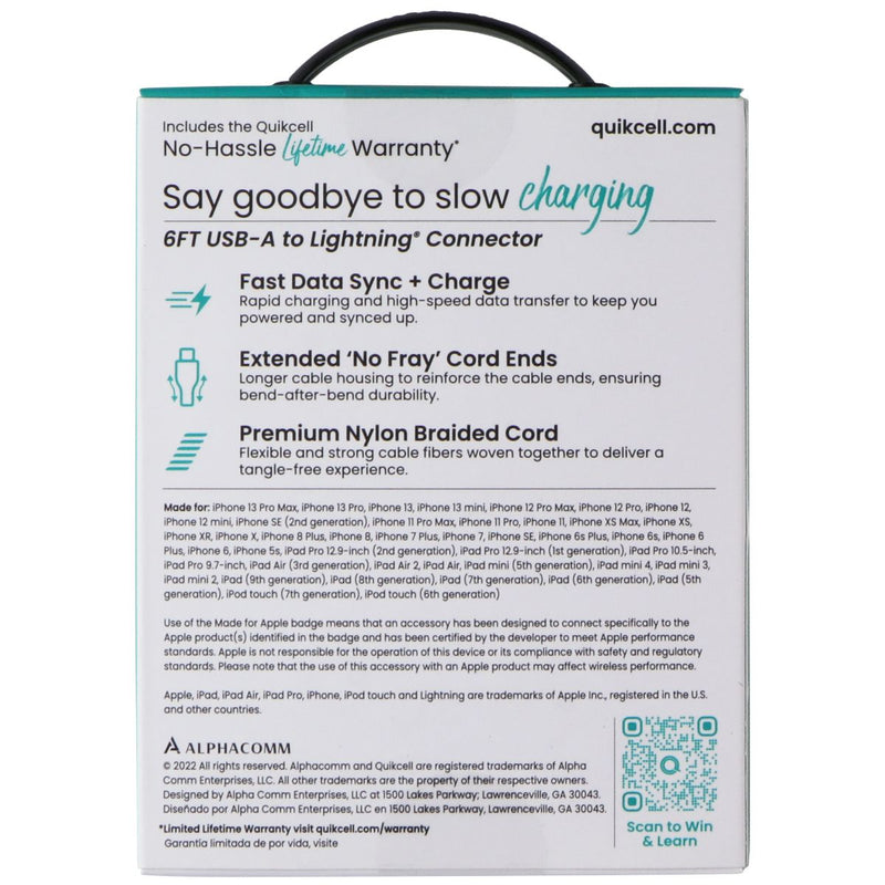 Quikcell 6FT USB-A to Lightning 8-Pin Charging Cable - Black