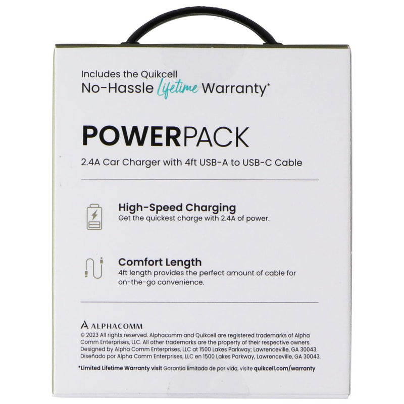 Quikcell Power Pack 2.4A Car Charger with 4ft USB-A to USB-C Cable - Black