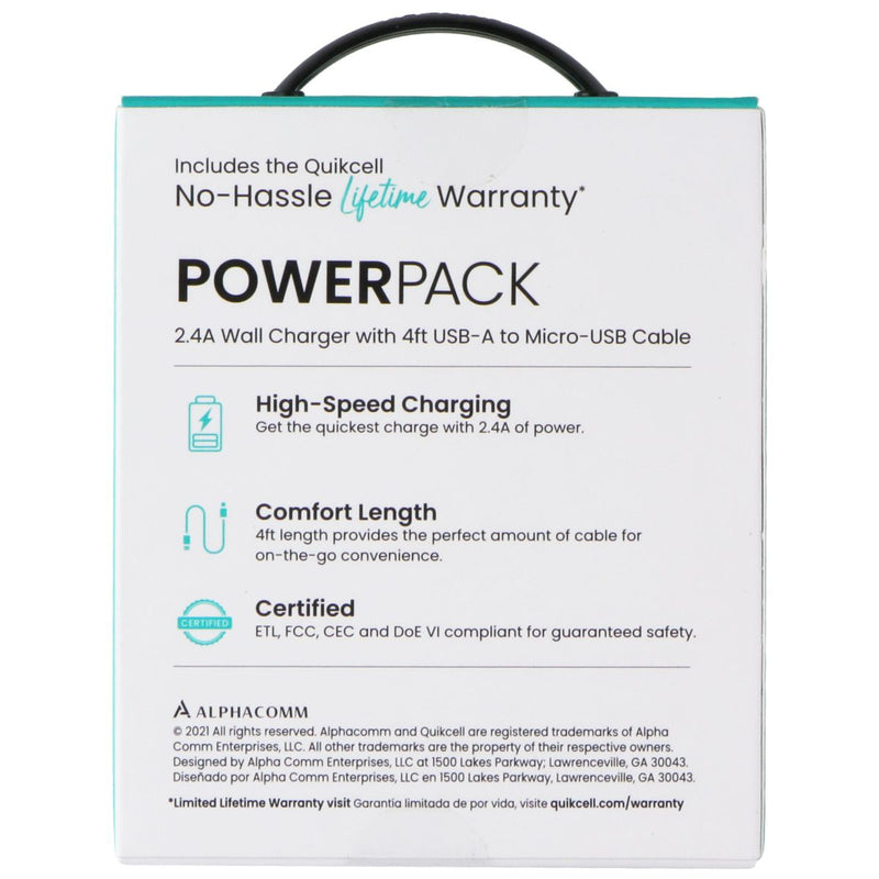 Quikcell Power Pack 2.4A Wall Charger with 4ft USB-A to Micro-USB Cable - Black