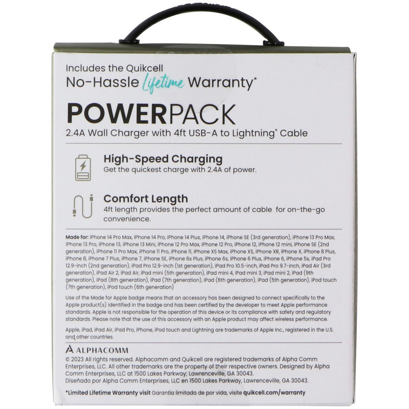 Quikcell Power Pack 2.4A Wall Charger with 4Ft USB-A to Lightning 8-Pin Cable