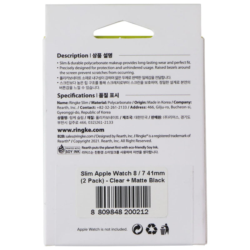 Ringke Slim Case for Apple Watch 9/8/7 (41mm) - Matte Black / Clear (2 Pack)