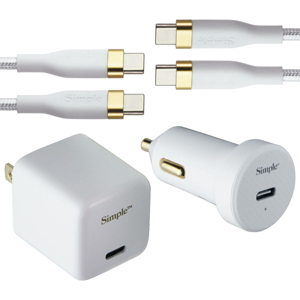 S. Simple 4-Pack Charger/6-Ft Cables/Car Charger Bundle (USB-C/30W) - White/Gold