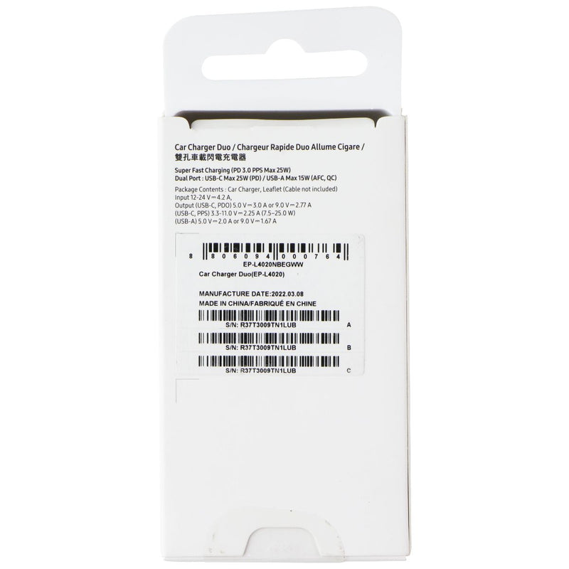 Samsung (25W) USB-C and (15W) USB Car Charger Duo - Black