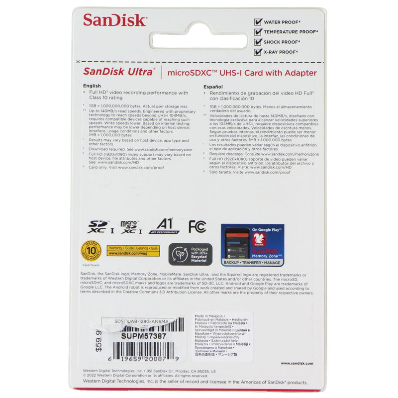 SanDisk Ultra A1 microSDXC UHS-1 Card with Adapter (140MB/s) - 128GB
