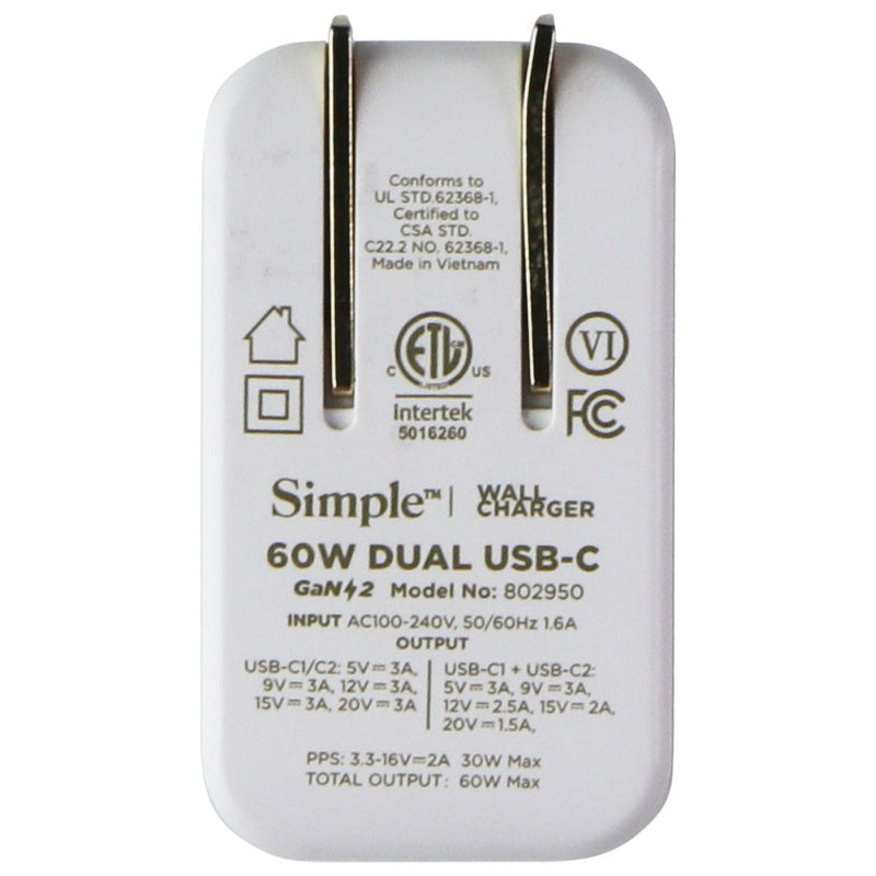 Simple 60W Dual USB-C Wall Charger - White