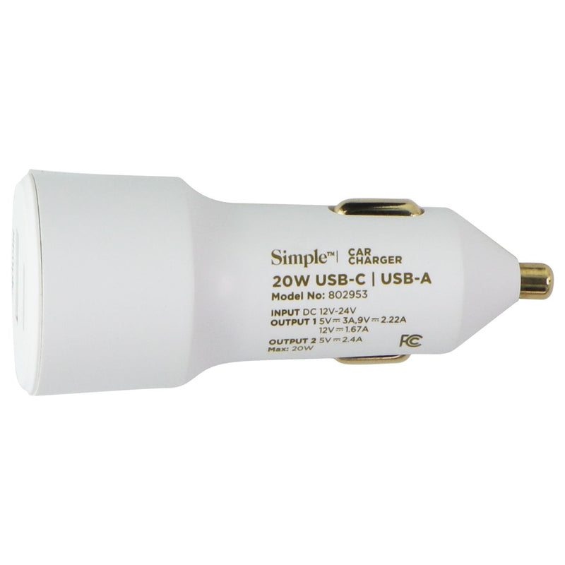 Simple Power Series 20W Dual Port USB-C & USB-A Car Charger - White