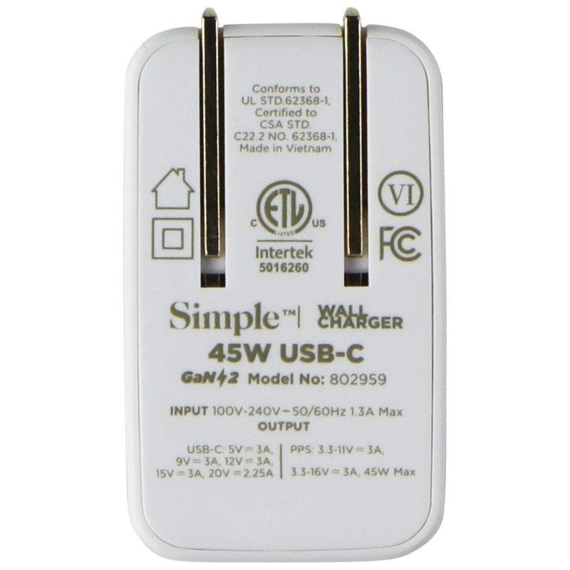 Simple 45W USB-C 5V/3A Wall Charger w/ Folding Prong - White