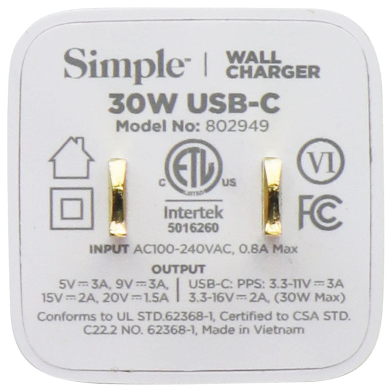 Simple Power Series 30W USB-C Mini Wall Charger - White