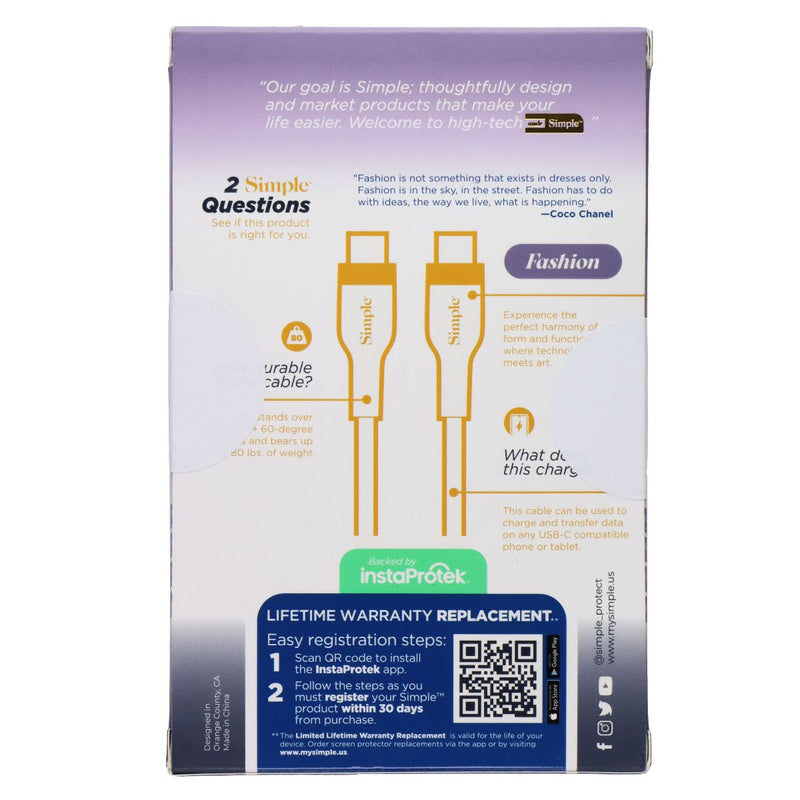 S. Simple Fashion Series 6FT USB-C to USB-C Cable - Purple Glitter