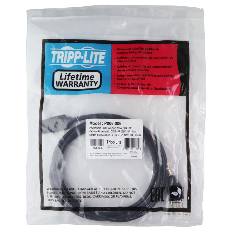 Tripp Lite Power Cable C13 (Female) to NEMA 5-15 (Male) - Black/6ft (P006-006)
