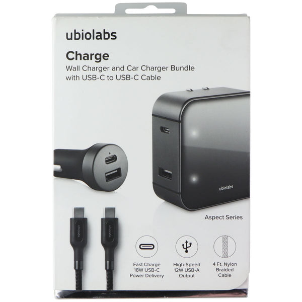 ubiolabs Charge Series Dual-Port Wall and Car Charger Bundle w/USB-C Cable (4Ft)