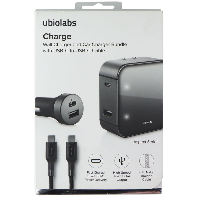 ubiolabs Charge Series Dual-Port Wall and Car Charger Bundle w/USB-C Cable (4Ft)