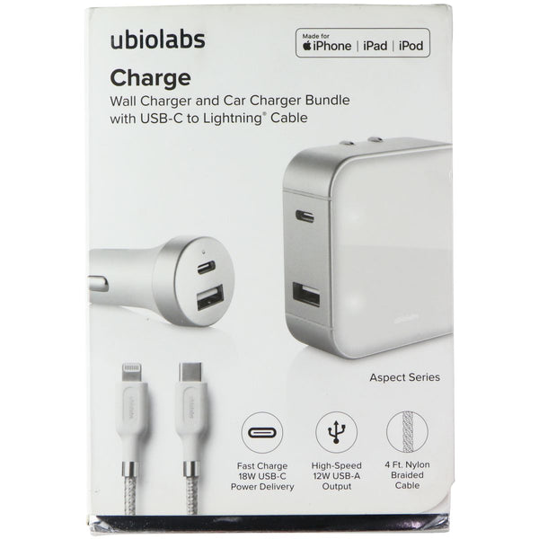 Ubiolabs Dual Port Wall & Car Charger w/ USB-C to Lightning 8-Pin Cable - White