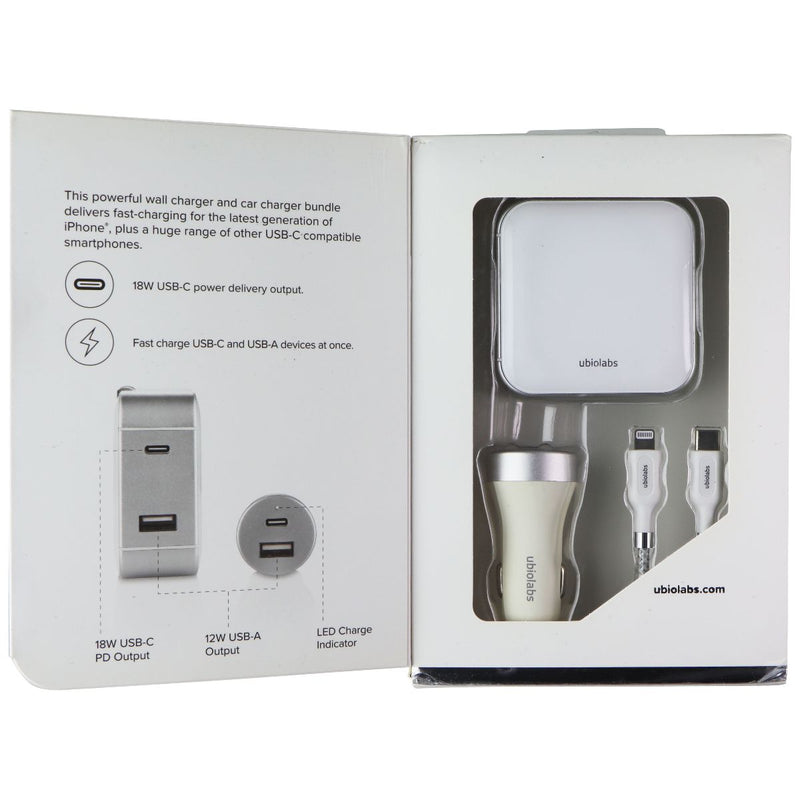 Ubiolabs Dual Port Wall & Car Charger w/ USB-C to Lightning 8-Pin Cable - White