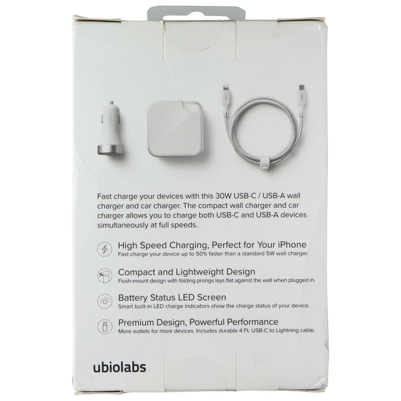 Ubiolabs Dual Port Wall & Car Charger w/ USB-C to Lightning 8-Pin Cable - White
