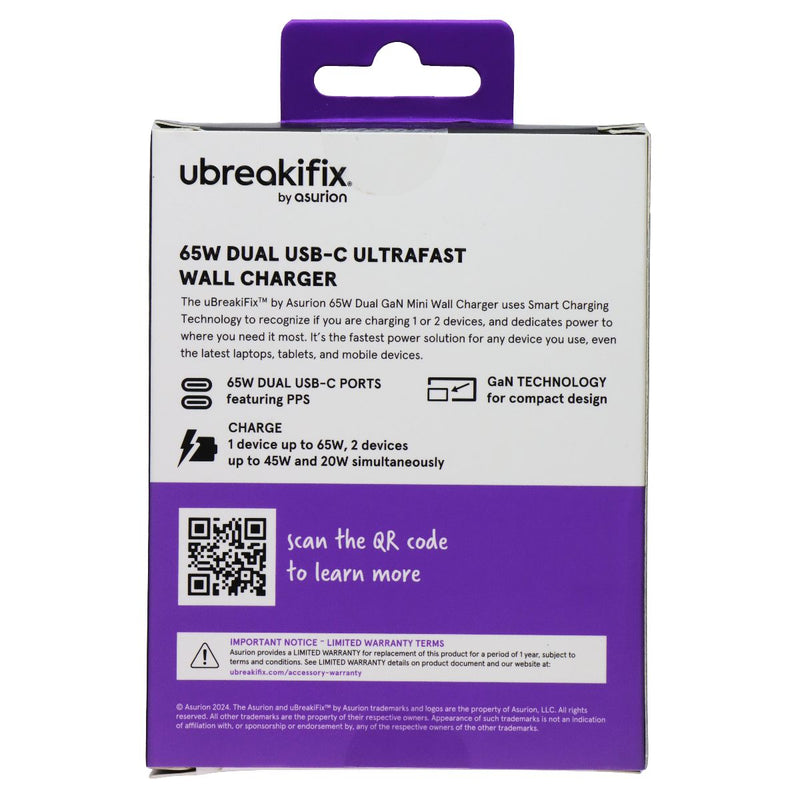 UBREAKIFIX (65-W) Dual Port USB-C Wall Charger - White