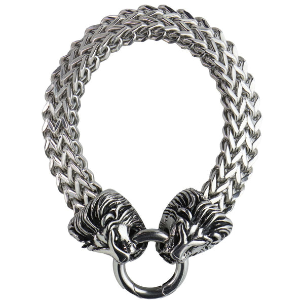 Antique-Finish Double Lion Head Link Bracelet in Stainless Steel - 9.0-inch