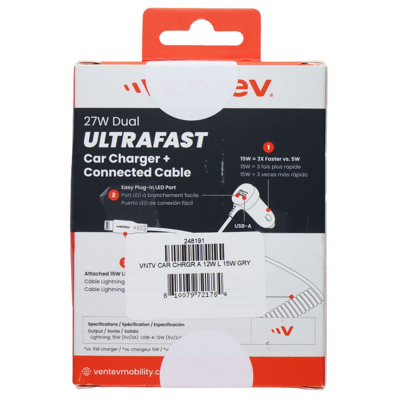 Ventev 27W Dual Car Charger (USB-A Port + Connected 8-Pin Cable) - Gray/Black