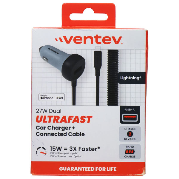Ventev 27W Dual Car Charger (USB-A Port + Connected 8-Pin Cable) - Gray/Black