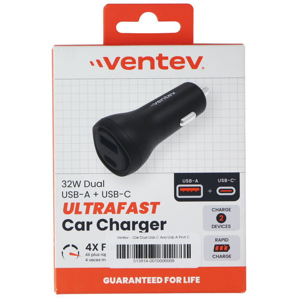 Ventev 32W Dual Port USB-A & USB-C Car Charger - Black