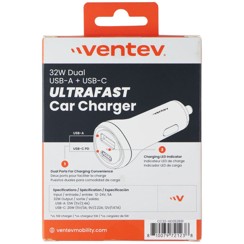 Ventev 32W Dual Port USB-A & USB-C Car Charger - Black