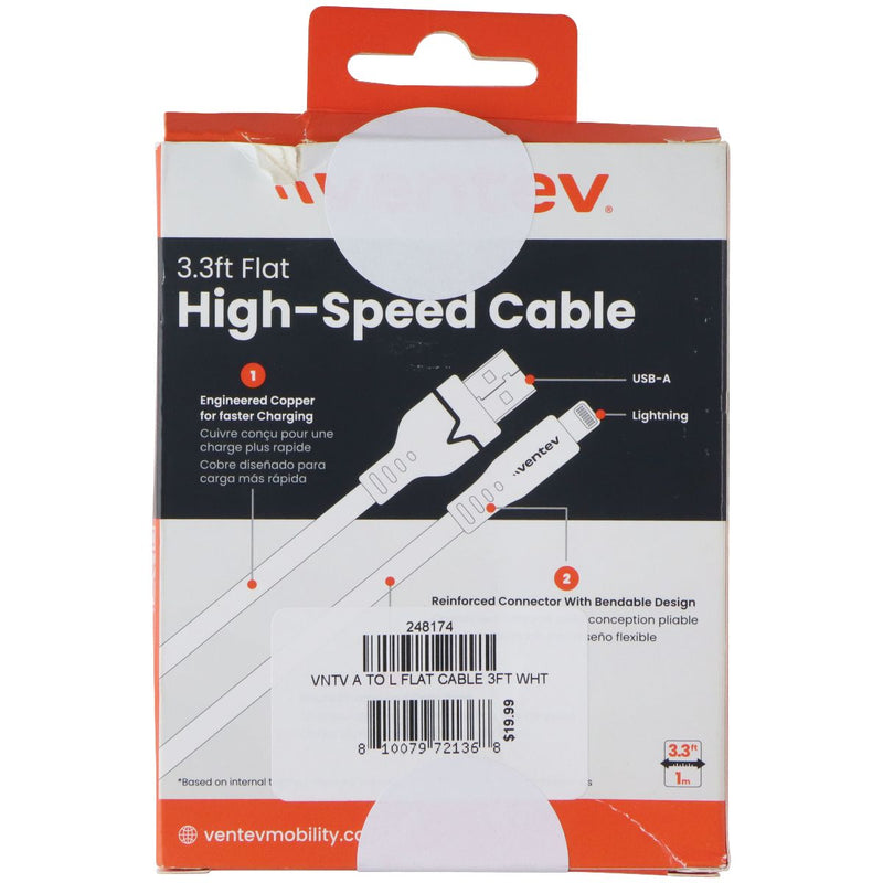 VENTEV 3.3 Foot USB-A to Lightning (8-Pin) High Speed Flat Cable - White