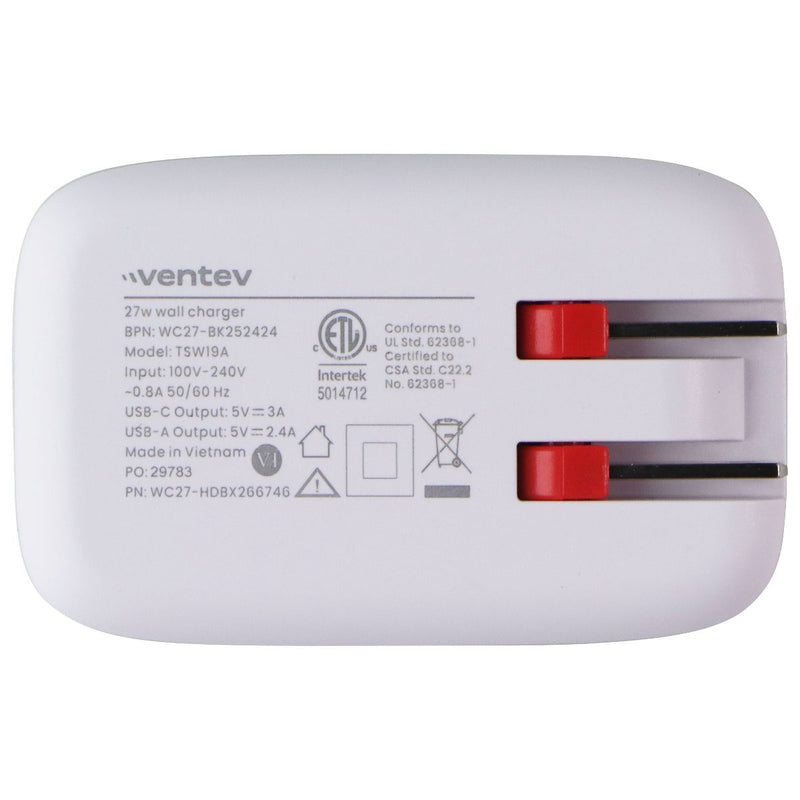 Ventev 27W (USB-A + USB-C) Dual Port Ultra Fast Wall Charger - Gray / White