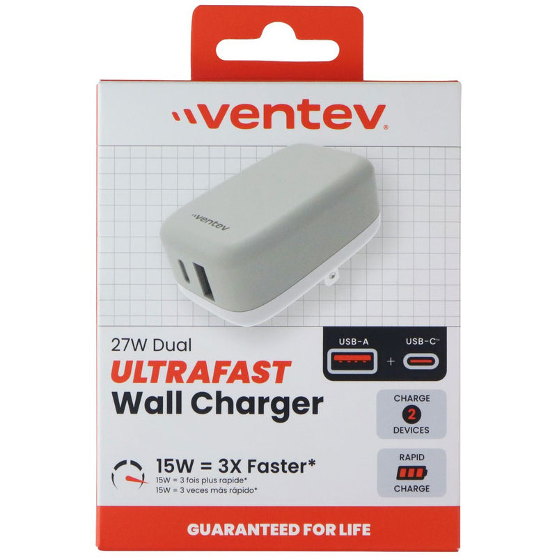 Ventev 27W (USB-A + USB-C) Dual Port Ultra Fast Wall Charger - Gray / White