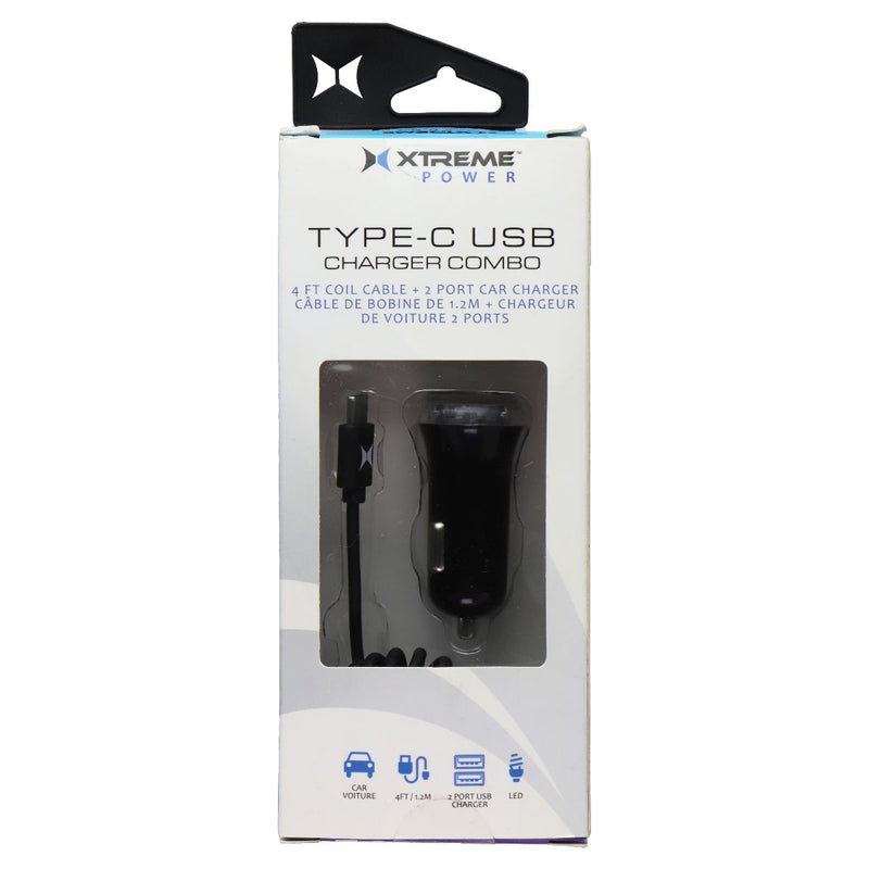 Xtreme Power Dual USB Car Charger with 4-Ft USB-C Coil Cable - Black