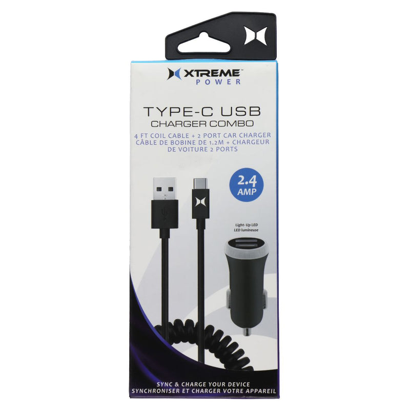 Xtreme Power Dual USB Car Charger with 4-Ft USB-C Coil Cable - Black