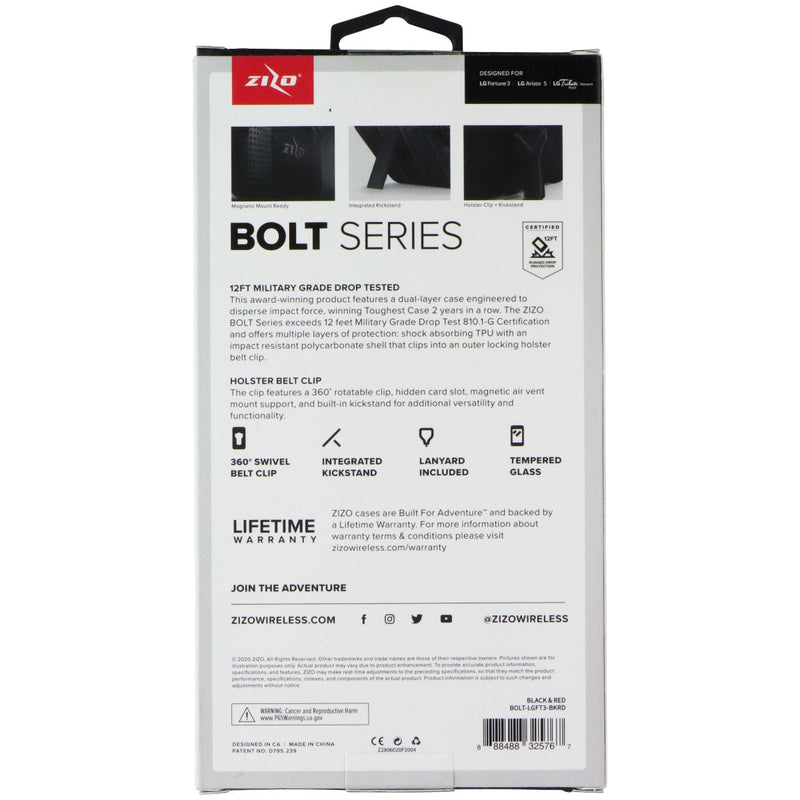 Zizo Bolt Series Case / Glass / Holster for LG Fortune 3 / Aristo 5 - Black/Red