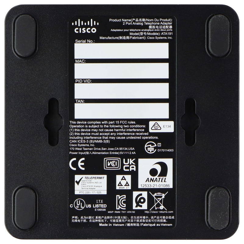 Cisco VoIP Dual Port Analog Telephone Adapter (ATA191-K9) - Black