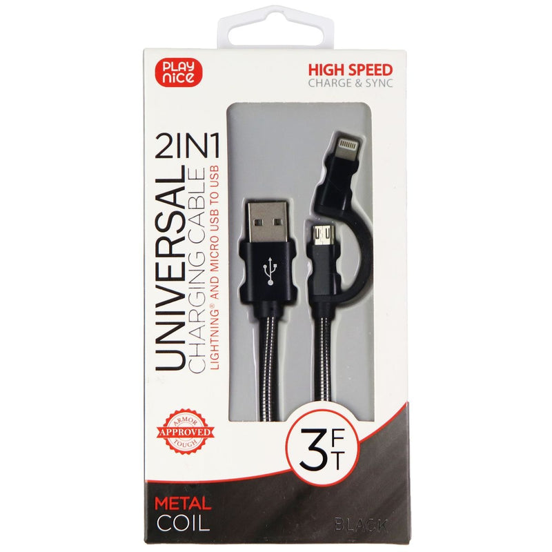 Play Nice Universal 3-Foot Micro-USB/8-Pin to USB Metal Coil Cable - Black