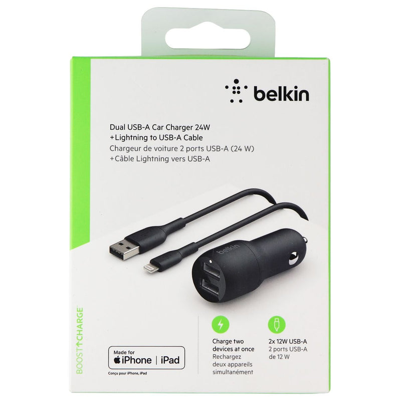Belkin Dual USB Car Charger 24W + 8-Pin to USB Cable (3.3ft) - Black