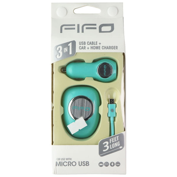 FIFO 3-in-1 Car + Wall USB Charger and 3-Ft Micro-USB Cable Combo - Teal