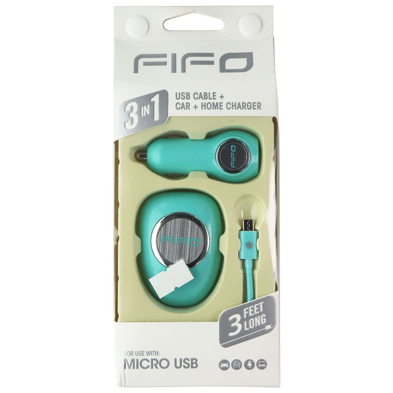 FIFO 3-in-1 Car + Wall USB Charger and 3-Ft Micro-USB Cable Combo - Teal