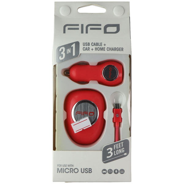 FIFO 3-in-1 Car + Wall USB Charger and 3-Ft Micro-USB Cable Combo - Pink