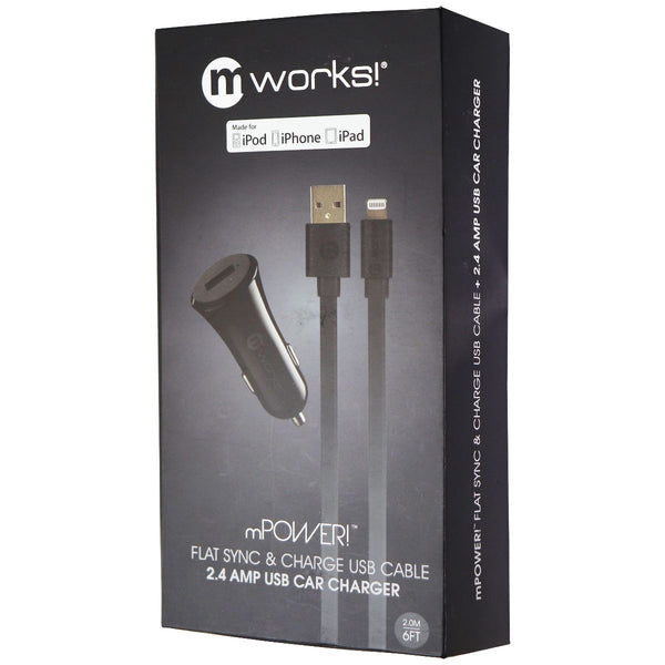 mWorks! (2.4-Amp) Car Adapter with 6-Foot Lightning 8-Pin MFi Cable - Black