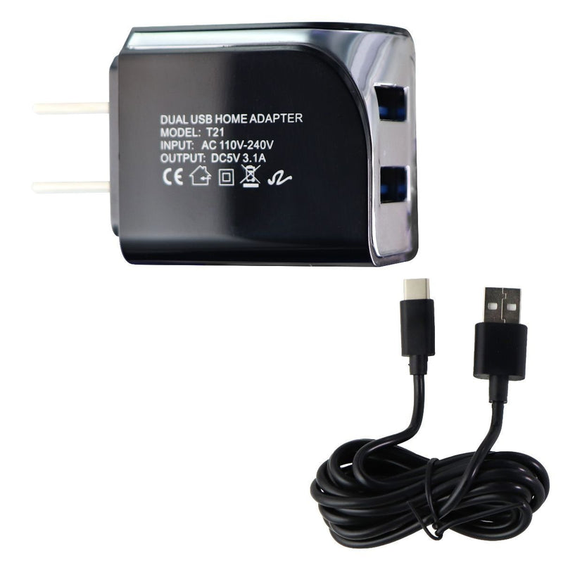 NEM (3.1A) Dual USB Wall Charger/Adapter and 5-Foot (USB-C) Cable - Black