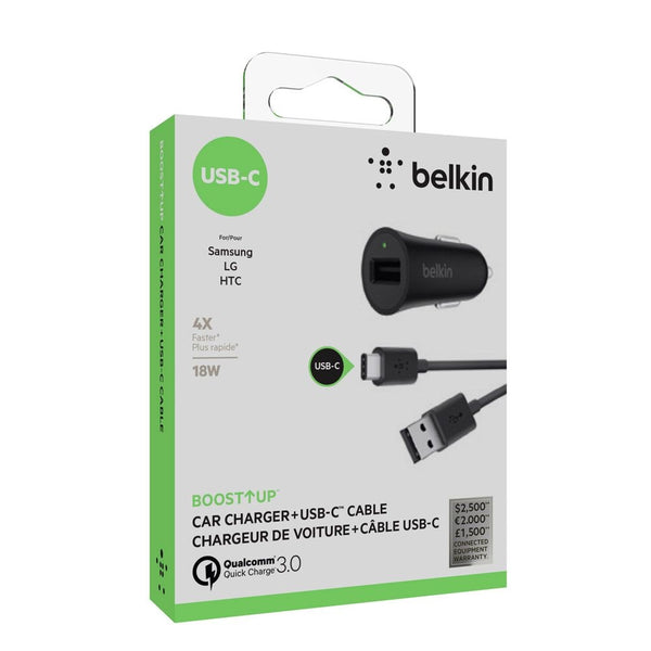 Belkin Boost Up Series 3.0 Quick Charge Car Charger and 4Ft USB-C Cable - Black