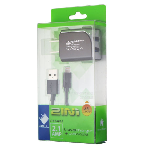 (2.1A) Dual USB Wall Charger with 5-Foot USB Cable for iPhones - Black
