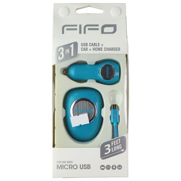 FIFO 3-in-1 Car + Wall USB Charger and 3-Ft Micro-USB Cable Combo - Blue