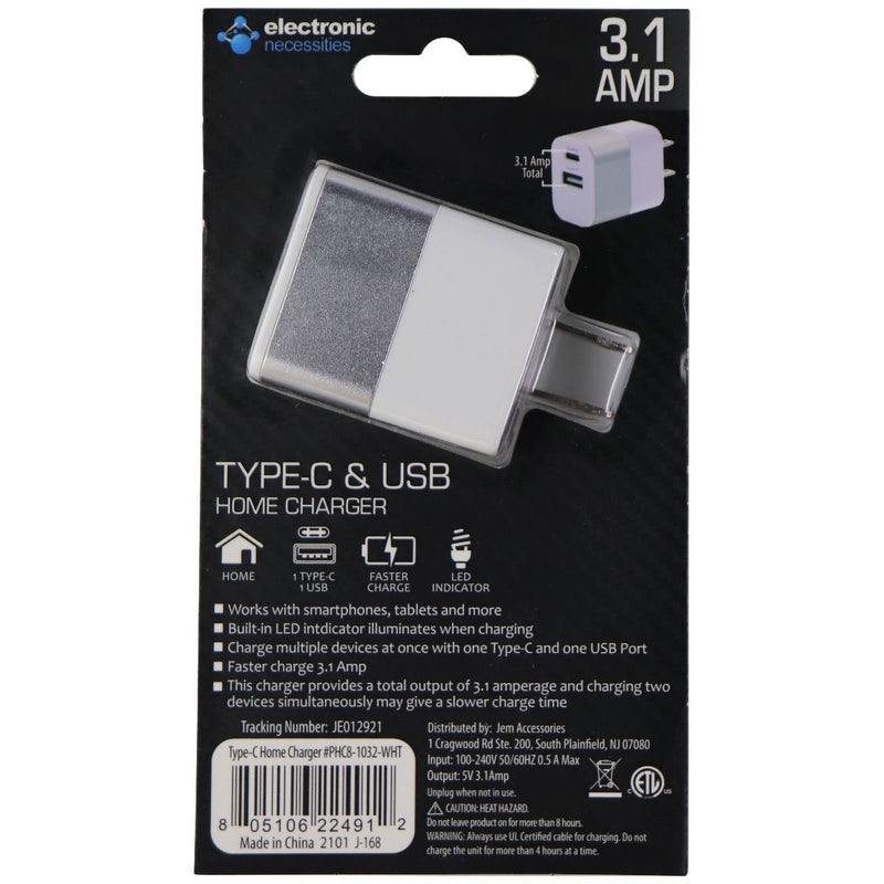 Electronic Necessities 3.1A Type-C and USB Home Charger - White/Gray - Electronic Necessities - Simple Cell Shop, Free shipping from Maryland!