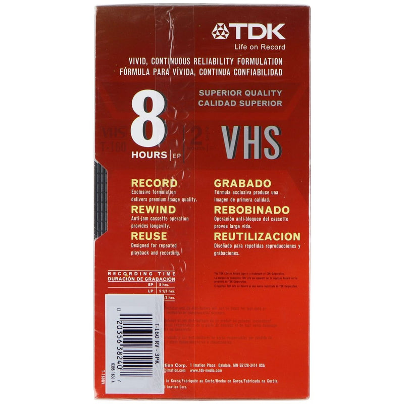 TDK T-160 VHS Tapes 8 Hour Recording Time EP - Black (3 Pack) - TDK - Simple Cell Shop, Free shipping from Maryland!