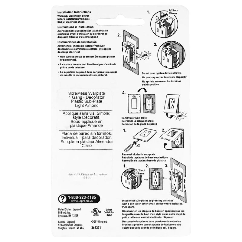 Legrand Screwless Wall Plate for Light Switches - Light Almond - Legrand - Simple Cell Shop, Free shipping from Maryland!
